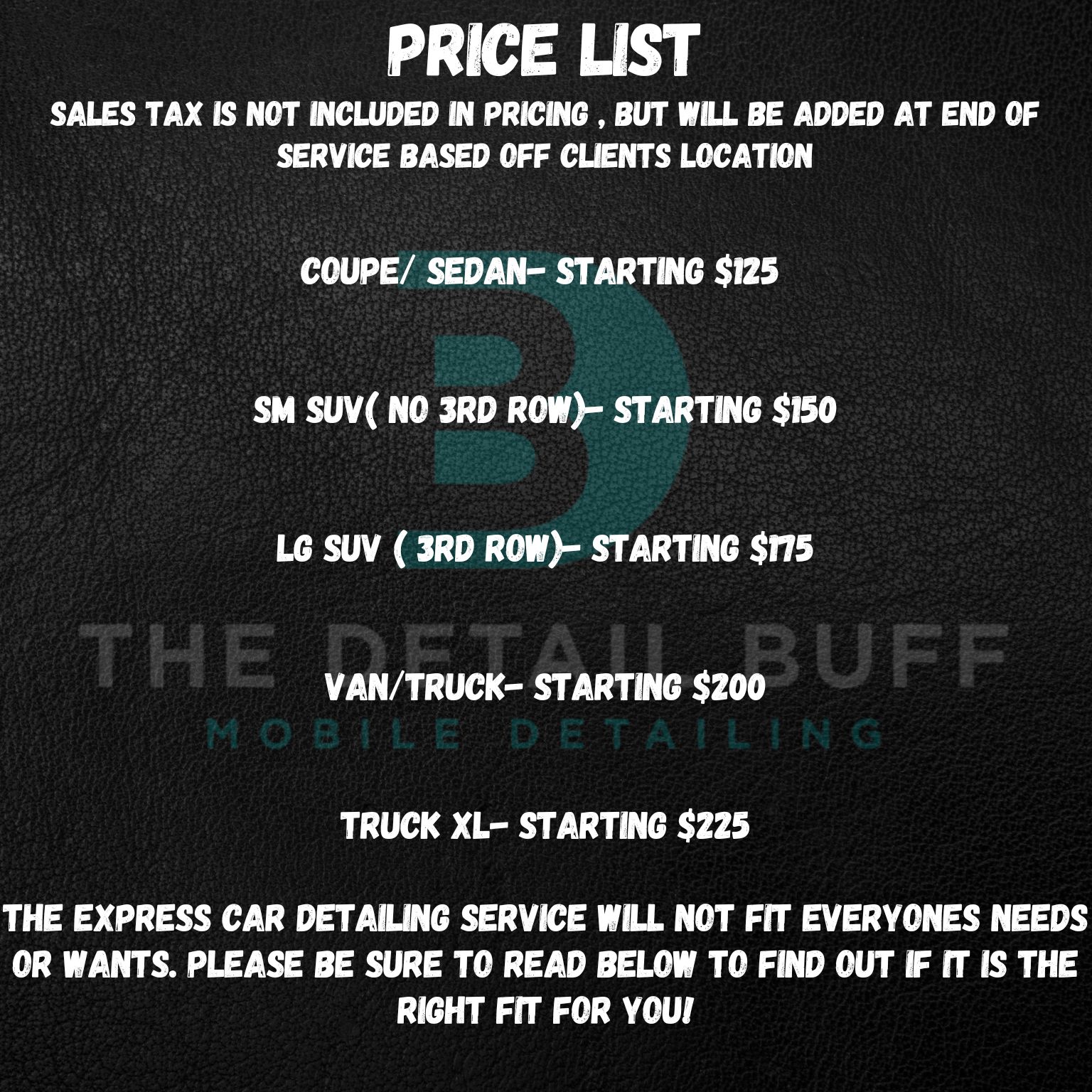 EXPRESS DETAILING PRICE LIST