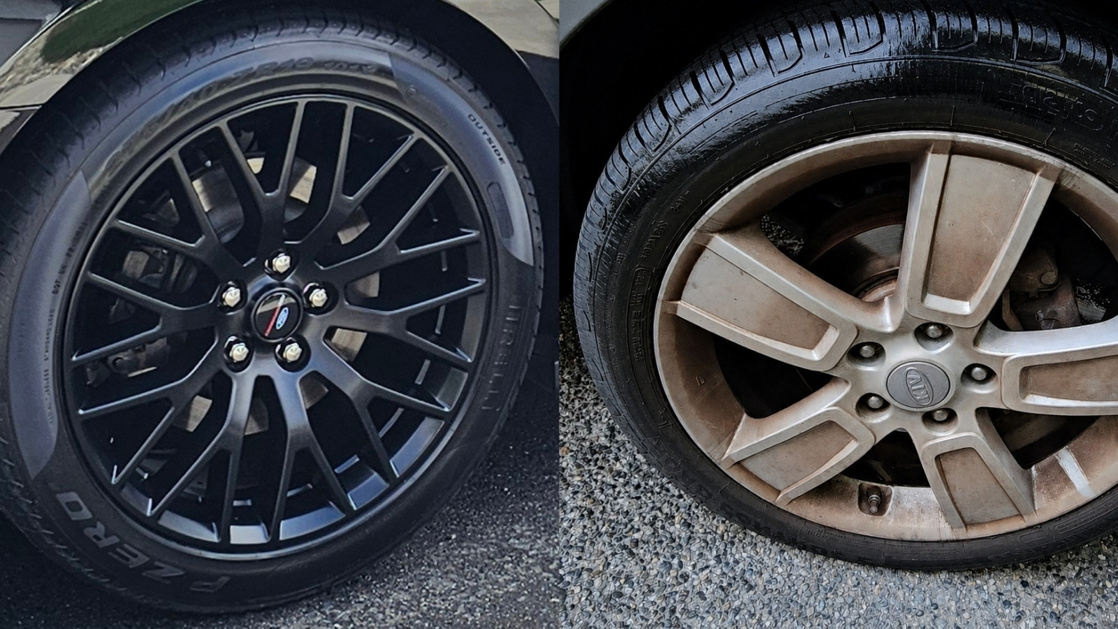 tire shine layered over dirt and buildup compared to properly cleaned tire