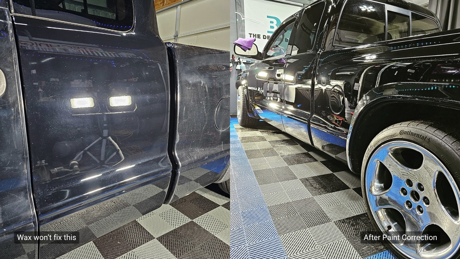 wax or paint correction black vehicle before and after clarity
